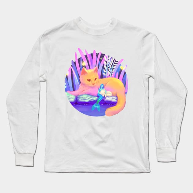 A mermaid and two cats in the night Long Sleeve T-Shirt by Mard_Illus